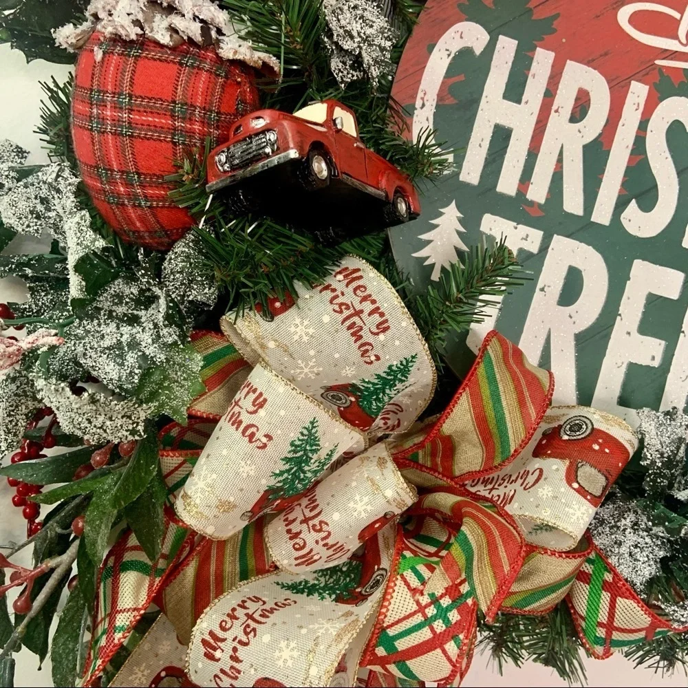 New Floral Rustic Christmas Farmhouse Pine Wreath Red Truck Trees Sign
